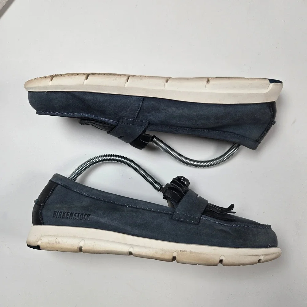 Birkenstock Saitama Moccasins Womens 40‎ Navy Blue Leather Fringe Loafers Shoes
